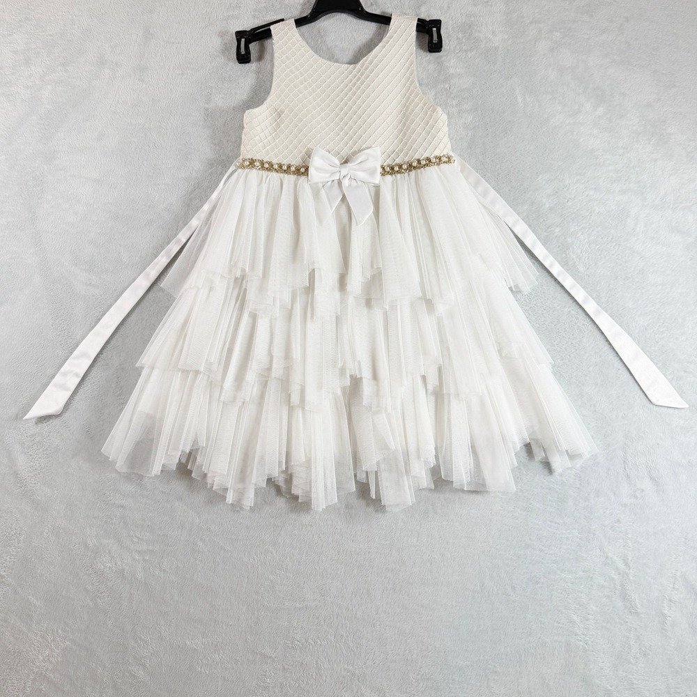 American Princess Girls White Tulle Dress Pearl Gold Belt Sz 6X/7 Special Event